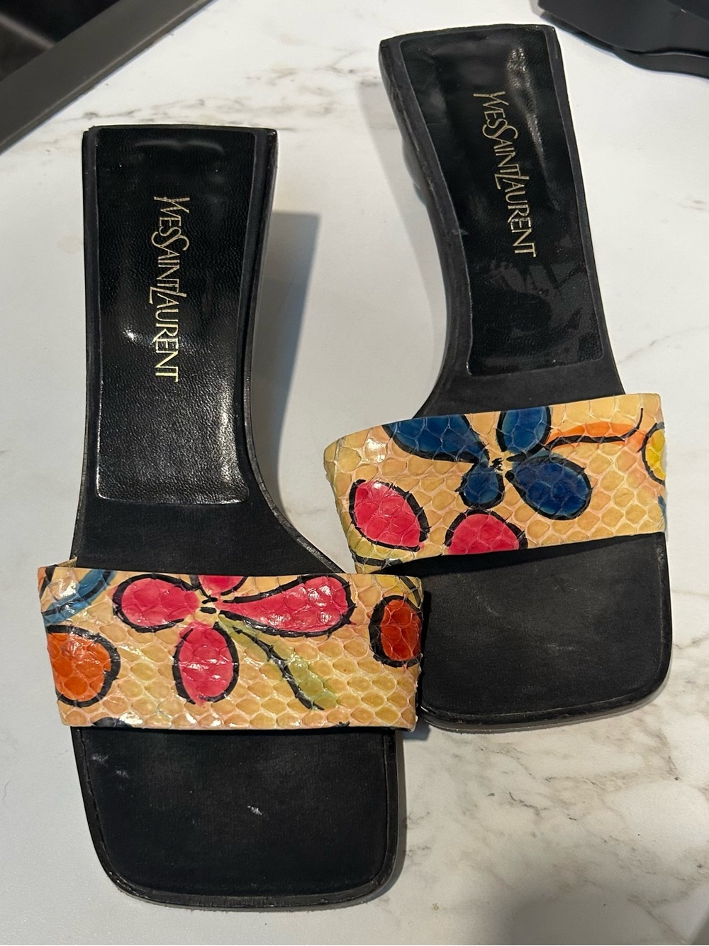 Yves Saint Laurent Black Slide Mules with Yellow Multicolor Floral Straps
